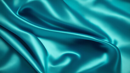 Silk satin. Wavy folds. Shiny fabric surface. Beautiful teal background with space for design, generative ai - obrazy, fototapety, plakaty