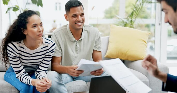 Happy couple, accountant and documents for finance, budget or planning expenses together on living room sofa at home. Man and woman talking to financial advisor for investment, mortgage loan or bills