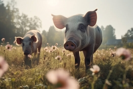 Happy pigs roaming free on farm meadow. Farm animal welfare and care. Generative Ai