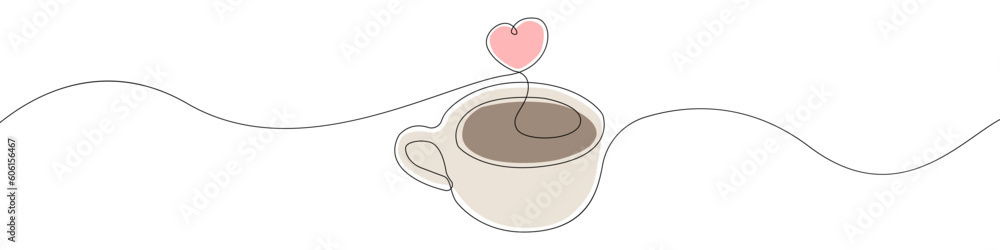 Poster heart and coffee icon line continuous drawing vector. one line heart and coffee icon vector backgrou
