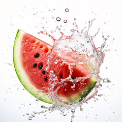 A slice of healthy watermelon fruit is dropped into the water, highlighting its freshness.