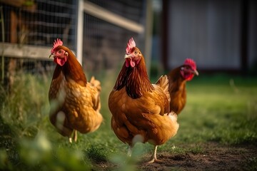 Chickens walking on the grass on the farm. Generative AI.