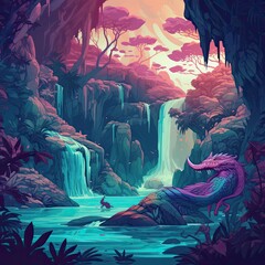 Fototapeta na wymiar a fantasy waterfall with a dragon and a mountain Generative Ai