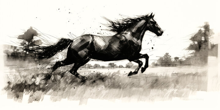 The black stalion horse was running, captured in a sparse ink drawing - generative ai\n\n