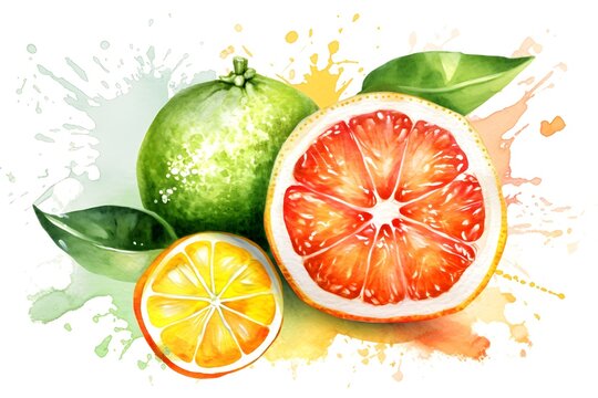 Watercolor painting of ripe citrus fruits on white background. Generative AI.