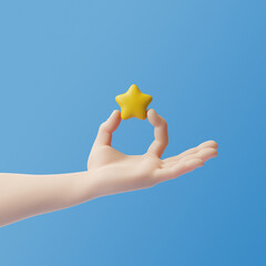 Plakat Cartoon hand holding star on a blue background. 3d rendering illustration