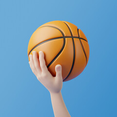 Cartoon hand holding basketball on a blue background. 3D rendering illustration