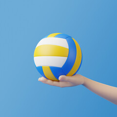 Cartoon hand holding volleyball on a blue background. 3D rendering illustration