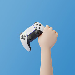 Сartoon hand holding a gamepad on a blue background. Joystick for video game. Game controller. Creative Minimal Gaming concept. 3D rendering illustration