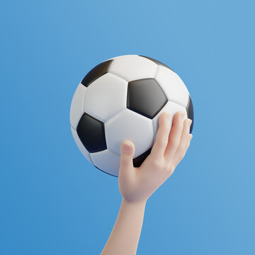 Cartoon hand holding soccer ball on a blue background. 3D rendering illustration