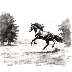 Obraz na płótnie Canvas A sparse EN and ink drawing of a black stallion horse running was created - generative ai.