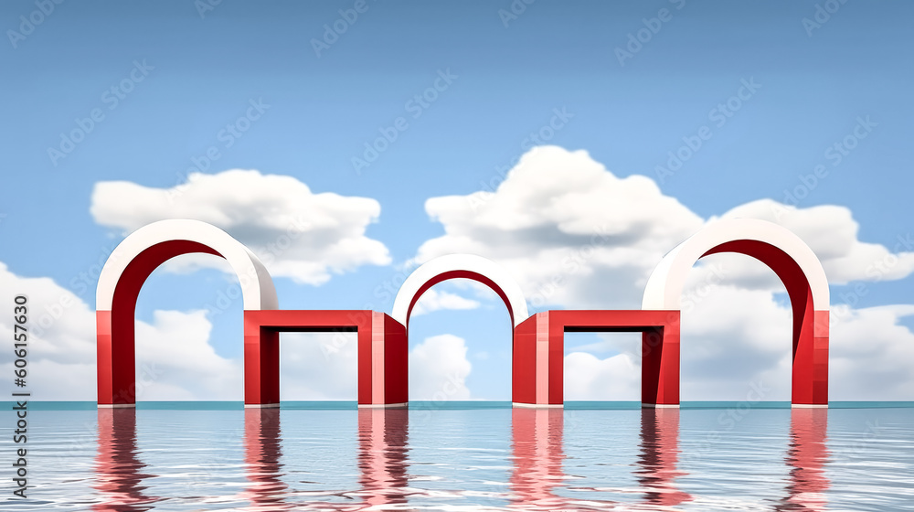 Poster a surreal seascape was created with red arches and white clouds - generative ai.
