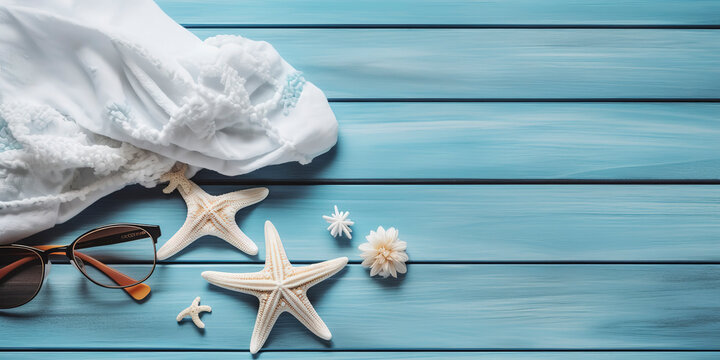summer holiday banner, beach accessories at skyblue wooden - summer holiday banner. seashell, brown starfish, white towel and sunglass with empty space in the middle. AI Generated.