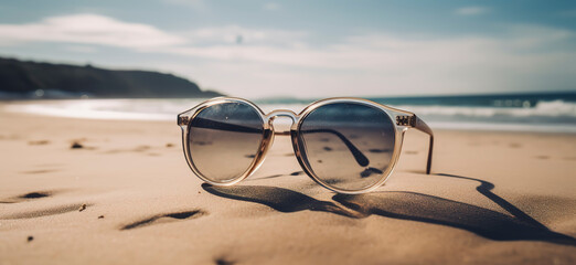 Fototapeta na wymiar Sunglasses on a sandy beach, summer wallpaper. AI Generated.