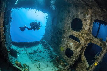 Wreck diving diver in the sea next to the shipwreck