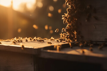 Honey bees working in bee hive. Generative AI - obrazy, fototapety, plakaty
