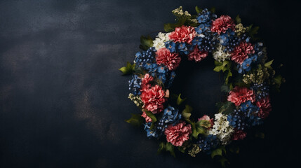 Floral Patriotic Wreath on Dark Textured Background with Copy Space - American Red, White, and Blue Flowers - Veterans Day, Memorial Day, 4th of July - Generative AI