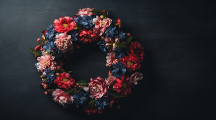 Floral Patriotic Wreath on Dark Textured Background with Copy Space - American Red, White, and Blue Flowers - Veterans Day, Memorial Day, 4th of July - Generative AI