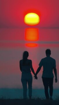 The romantic couple stand on sea shore on the colorful sunset background