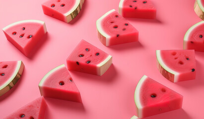 Watermelon slices on pink background. AI Generated.
