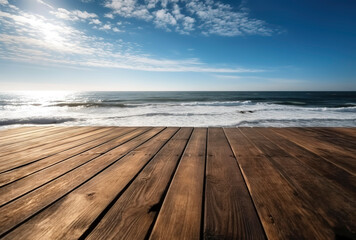 Sun-Kissed Shoreline: Minimalist Wooden Table by the Seaside. AI Generated.