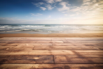 Fototapeta premium Simplicity by the Sea: Minimalist Wooden Table in Sunlight. AI Generated.