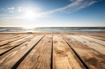 Fototapeta na wymiar Simplicity by the Sea: Minimalist Wooden Table in Sunlight. AI Generated.