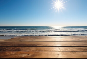 Fototapeta premium Simplicity by the Sea: Minimalist Wooden Table in Sunlight. AI Generated.