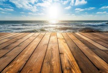 Fototapeta na wymiar Simplicity by the Sea: Minimalist Wooden Table in Sunlight. AI Generated.
