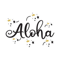 Fototapeta na wymiar Vintage Aloha text, emblem and logo isolated on white. Hand drawn Aloha Hawaiian word for hawaii shirt print or sign. Lettering for tropical or summer party invitation, flyer and poster design.