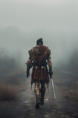 medieval soldier walking away.