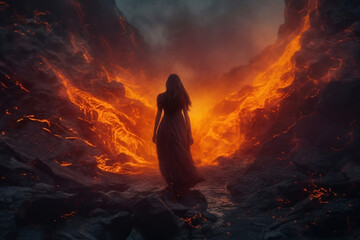 fantasy woman rear view. long dress. windy hair. lava in the mountains. volcano.