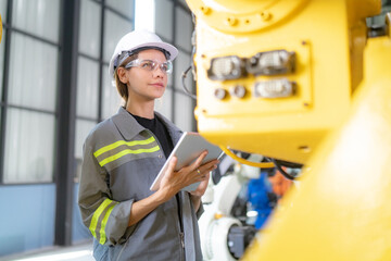 Female technician programs a robot arm with a digital tablet and assembly robot in a factory. Apprentice engineers programming robots in factory.