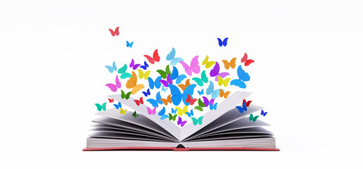 Colorful butterflies fly out from open book. Knowledge and education concept isolated on white background 3d render