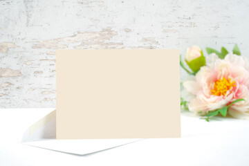 5x7 horizontal greeting card, party invitation and envelope. Wedding, baby shower, birthday, mother's day stationery product mockup. Shabby chic, modern farmhouse styling.