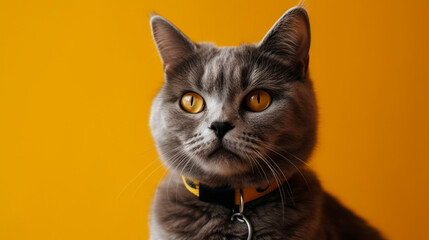 A grey cat stands in front of a yellow background