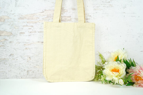 Tote bag product mockup. Shabby chic, modern farmhouse styling.