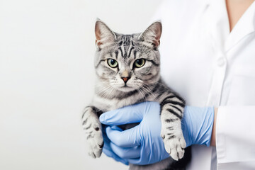 Grey striped Cat on hands veterinarian doctor in veterinary clinic , generative ai.