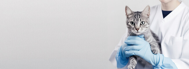 veterinary banner with Grey striped Cat on hands veterinarian doctor in veterinary clinic , copyspace, generative ai. - obrazy, fototapety, plakaty