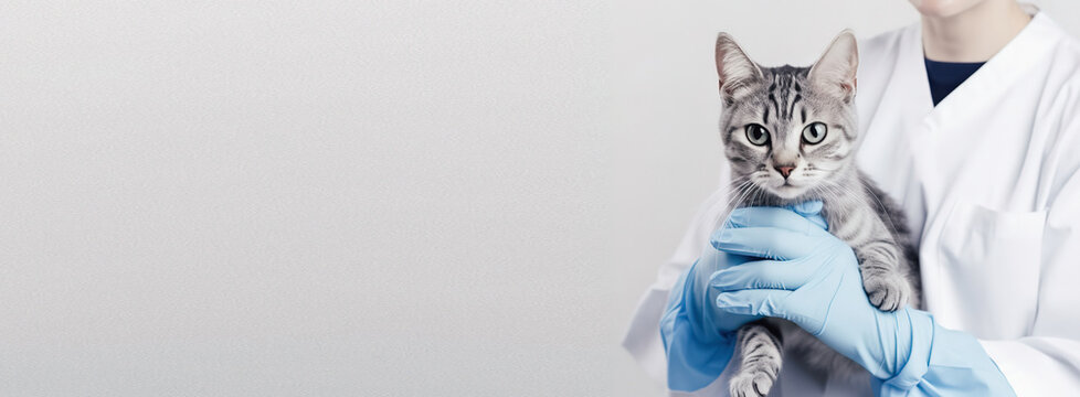 veterinary banner with Grey striped Cat on hands veterinarian doctor in veterinary clinic , copyspace, generative ai.