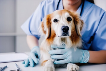 Cropped image of veterinarian doctor holding cute dog puppy in arms in veterinary clinic, generative ai.