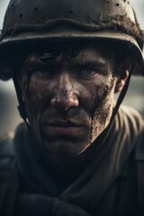 Realism and Tension: Close-up of Soldier in War. Generative AI.