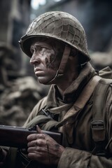 Obraz premium Intense Battle: Determined Soldier Engaged in Combat. Generative AI.