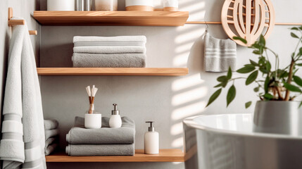 Fototapeta na wymiar A stack of gray and white striped towels on a wooden shelf in a minimalist bathroom with concrete floors scandinavian style