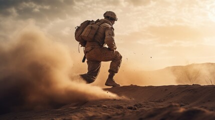 Intense Sunset: Dynamic Scene of a Soldier in Action. Generative AI