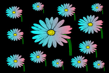 Beautiful pastel purple blooming flowers on a black background. Spring and summer pattern	