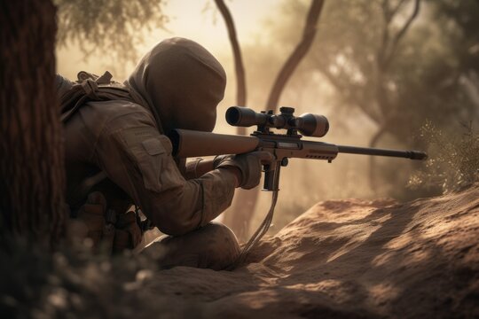 Patient Focus: Sniper Soldier in Concealed Position. Generative AI.