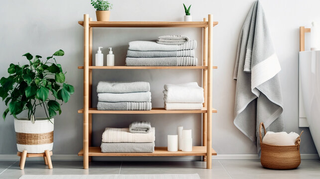 A stack of gray and white striped towels on a wooden shelf in a minimalist bathroom with concrete floors scandinavian style