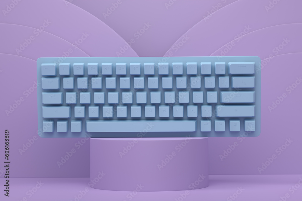 Poster realistic computer keyboard on cylinder podium with step on monochrome