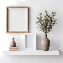 minimalist living room with modern furnishings, vintage furniture, fresh flowers, picture frames, mokup